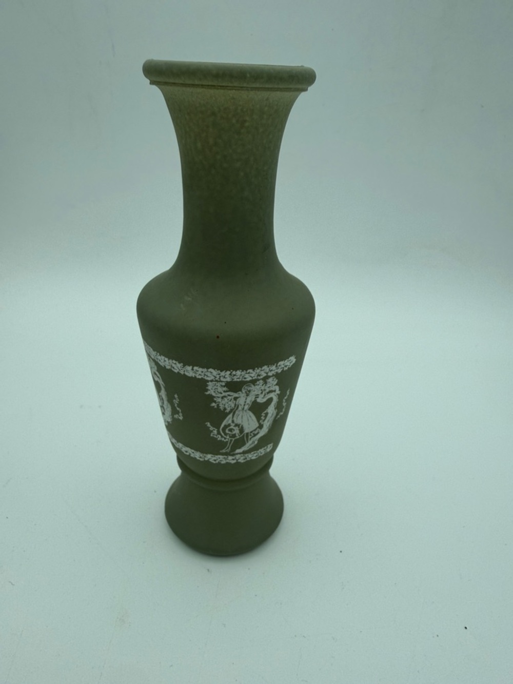 VTG Avon Imitation Wedgwood Jasperware Sage Green Frosted Glass Bud Vase 6”